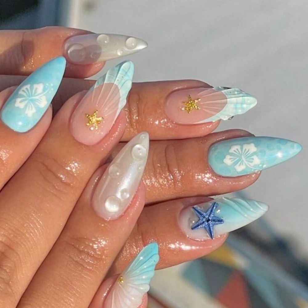 24pcs/Set Almond-Shaped French Elegant 3D Ocean Style Starfish Waterdrop Flower